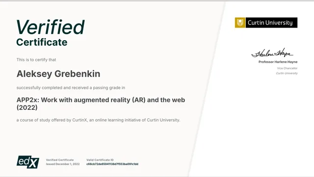 edX verified certificate — APP2x Work with augmented reality (AR) and the web, CurtinX, an online learning initiative of Curtin University, issued December 2022
