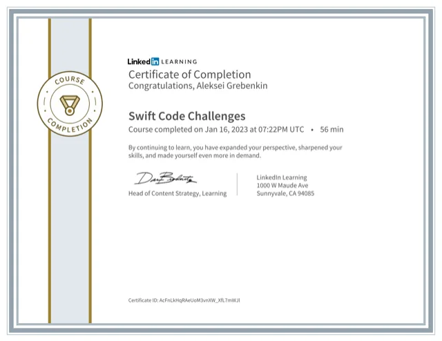 LinkedIn Learning certificate of completion — Swift Code Challenges, completed January 2023