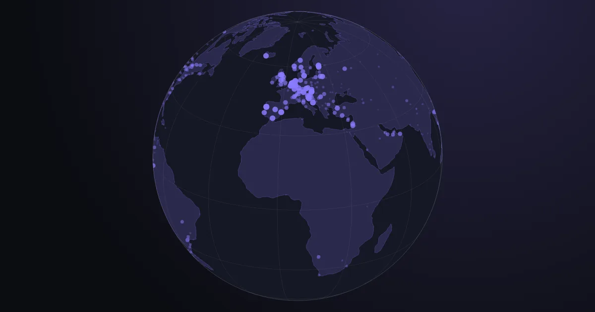 A globe with 303 cities marked as dots, each sized by how well it scores