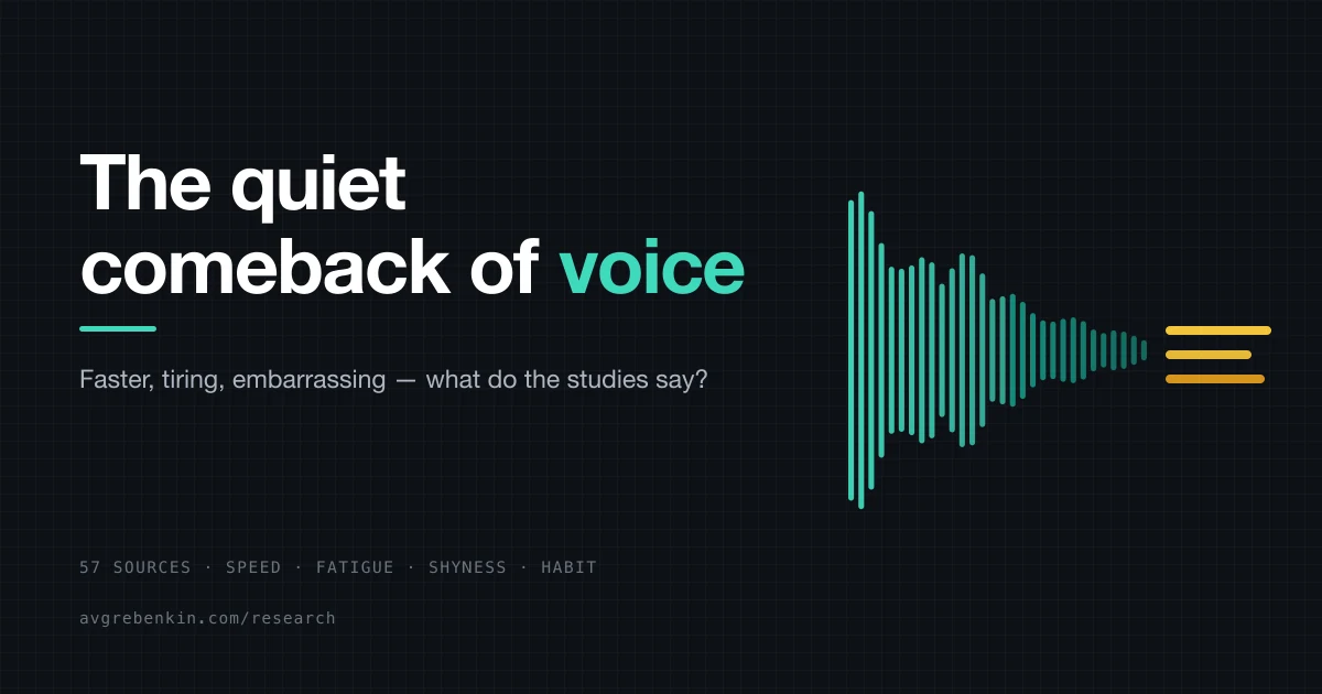 A sound wave that fades from left to right and turns into lines of text, beside the title The quiet comeback of voice