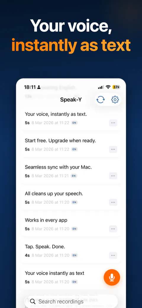 Speak-Y app — list of voice notes and transcripts
