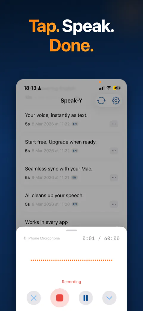 Speak-Y app — recording a voice note with live waveform