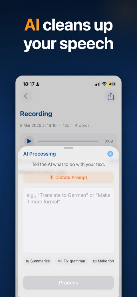 Speak-Y app — AI smart mode settings for cleaning up dictated text